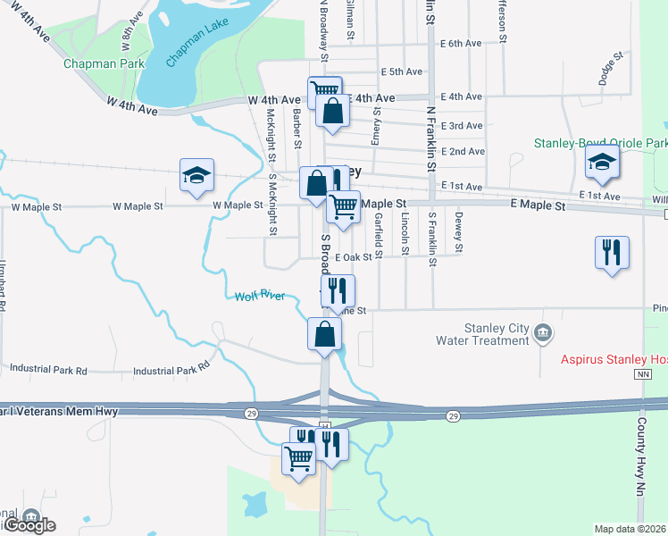 map of restaurants, bars, coffee shops, grocery stores, and more near 311 South Broadway Street in Stanley