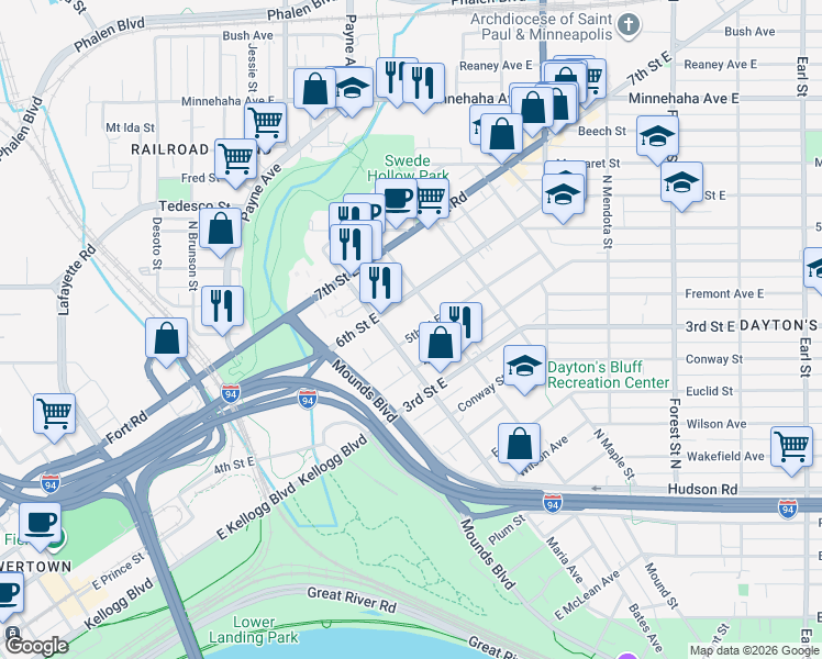 map of restaurants, bars, coffee shops, grocery stores, and more near 696 5th Street East in Saint Paul