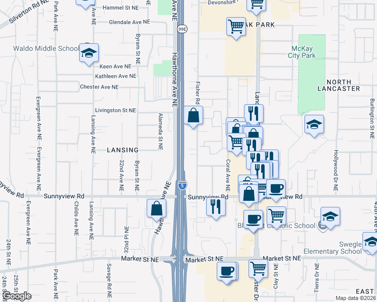 map of restaurants, bars, coffee shops, grocery stores, and more near 2325 Fisher Rd NE in Salem