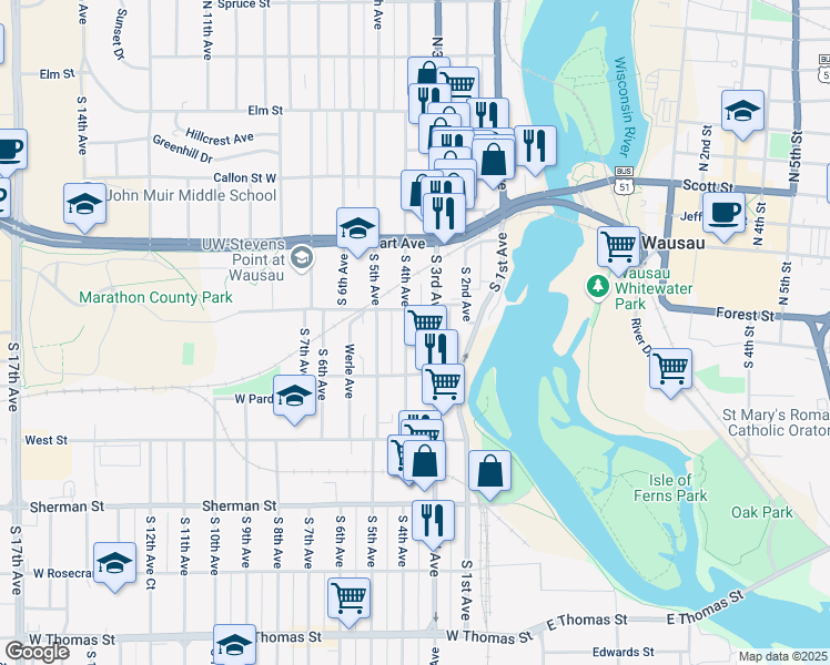 map of restaurants, bars, coffee shops, grocery stores, and more near 617 South 4th Avenue in Wausau