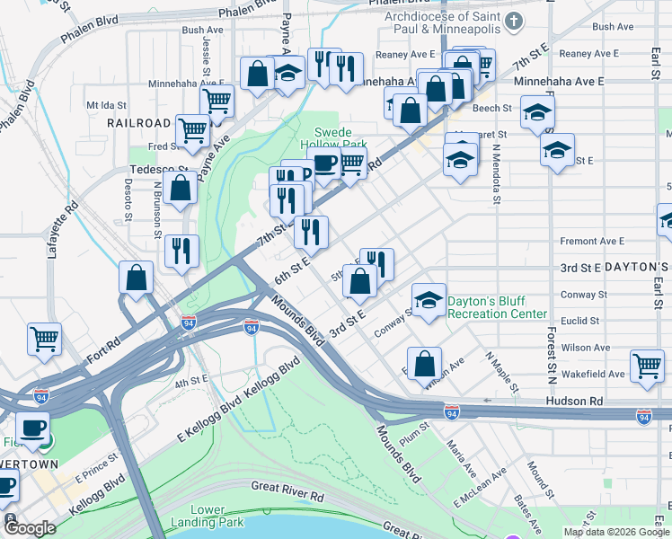 map of restaurants, bars, coffee shops, grocery stores, and more near 696 5th Street East in Saint Paul