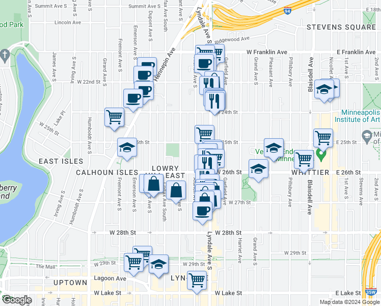 map of restaurants, bars, coffee shops, grocery stores, and more near 2530 Aldrich Avenue South in Minneapolis