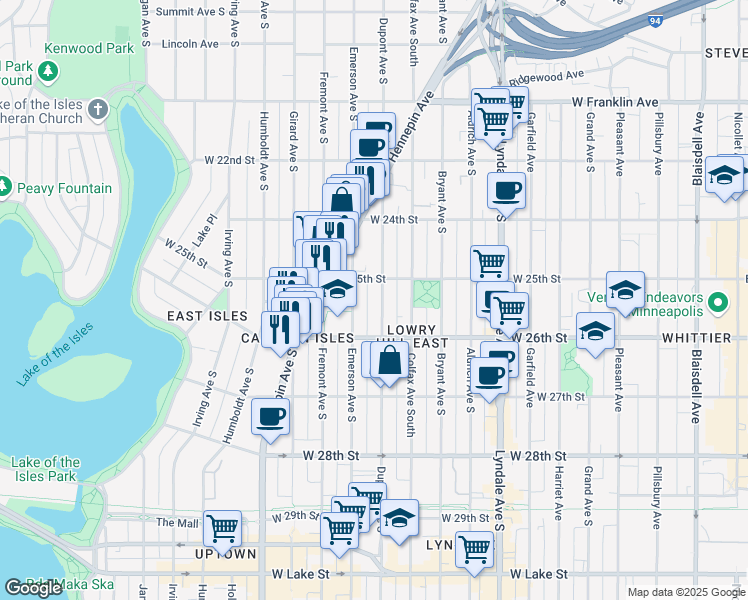 map of restaurants, bars, coffee shops, grocery stores, and more near 2525 Emerson Avenue South in Minneapolis