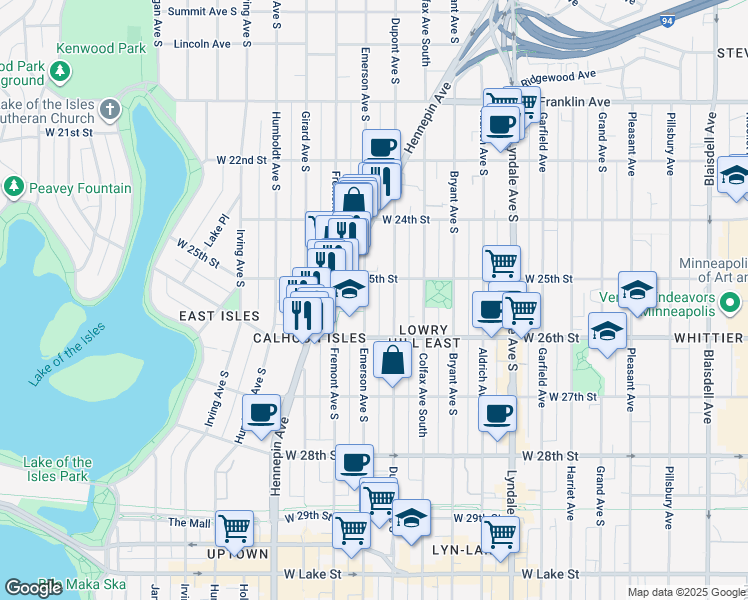 map of restaurants, bars, coffee shops, grocery stores, and more near 2525 Emerson Avenue South in Minneapolis