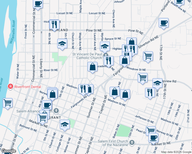 map of restaurants, bars, coffee shops, grocery stores, and more near 910 Tamarack Street Northeast in Salem