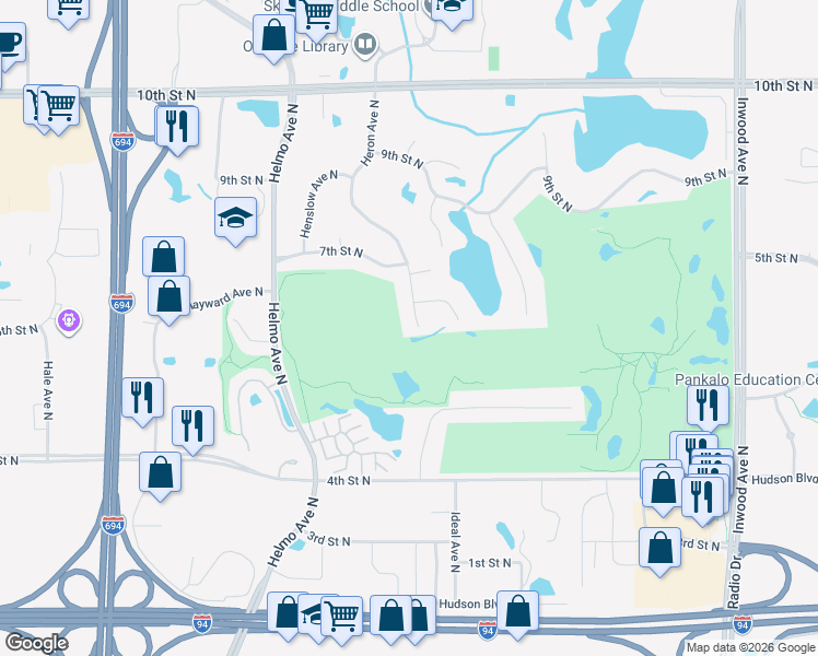 map of restaurants, bars, coffee shops, grocery stores, and more near 620 Heron Avenue North in Oakdale