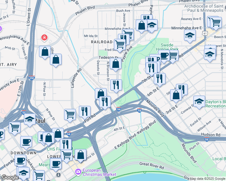 map of restaurants, bars, coffee shops, grocery stores, and more near 505 Payne Avenue in Saint Paul