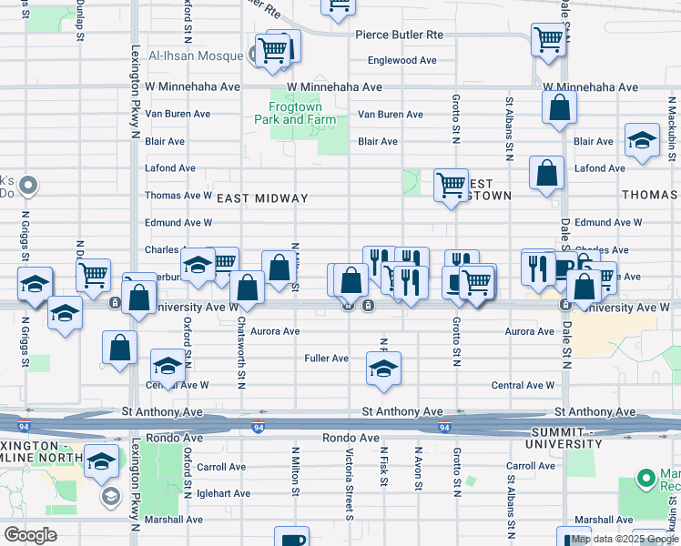 map of restaurants, bars, coffee shops, grocery stores, and more near 856 Sherburne Avenue in Saint Paul
