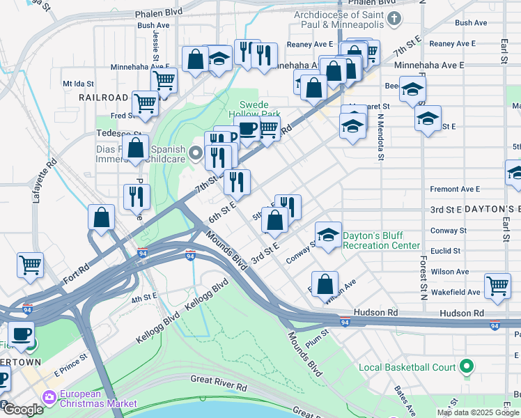 map of restaurants, bars, coffee shops, grocery stores, and more near 697 5th Street East in Saint Paul