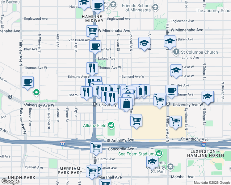 map of restaurants, bars, coffee shops, grocery stores, and more near 1490 Sherburne Avenue in Saint Paul