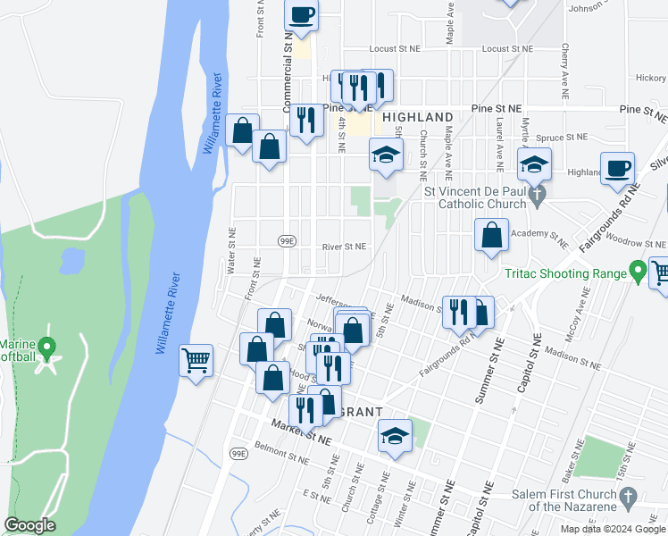 map of restaurants, bars, coffee shops, grocery stores, and more near 1798 4th Street Northeast in Salem