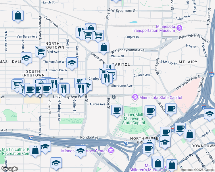 map of restaurants, bars, coffee shops, grocery stores, and more near 505 County Road 49 in Saint Paul
