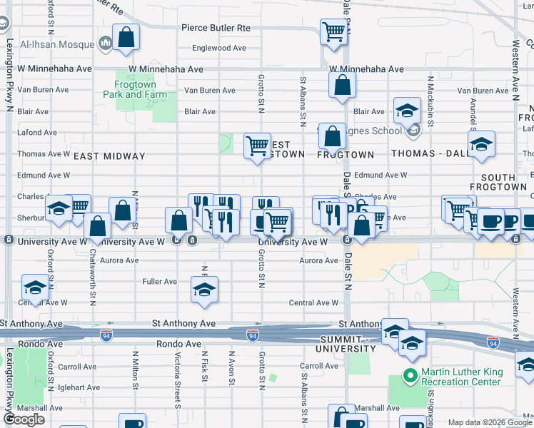 map of restaurants, bars, coffee shops, grocery stores, and more near 718 Sherburne Avenue in Saint Paul