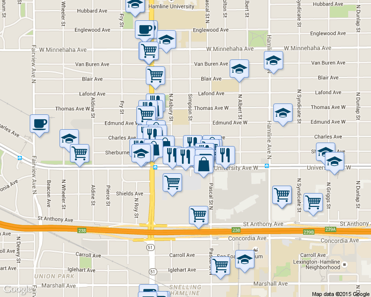 map of restaurants, bars, coffee shops, grocery stores, and more near 1490 Sherburne Avenue in Saint Paul