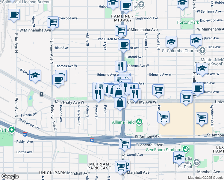 map of restaurants, bars, coffee shops, grocery stores, and more near 1608 Sherburne Avenue in Saint Paul