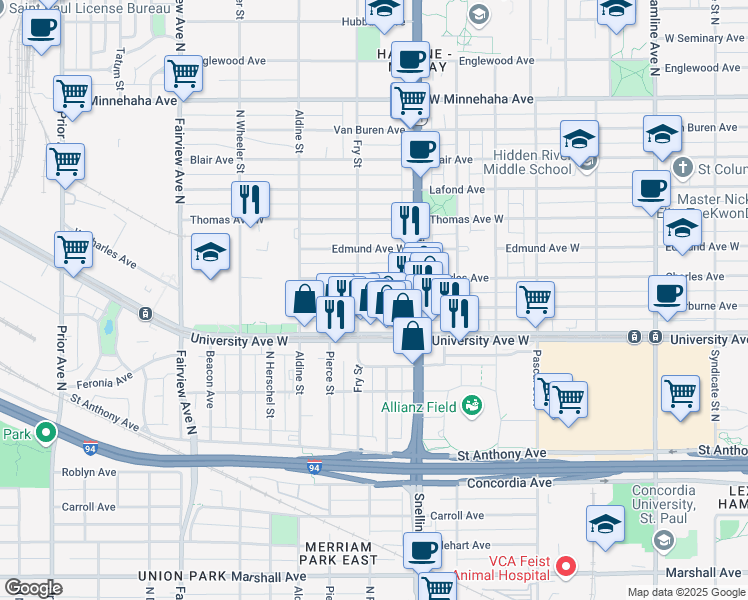 map of restaurants, bars, coffee shops, grocery stores, and more near 508 Fry Street in Saint Paul
