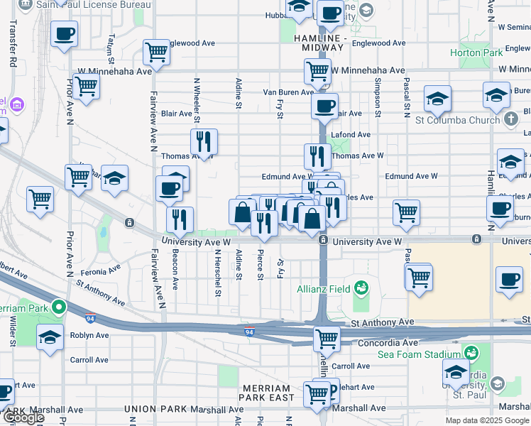 map of restaurants, bars, coffee shops, grocery stores, and more near 1670 Sherburne Avenue in Saint Paul