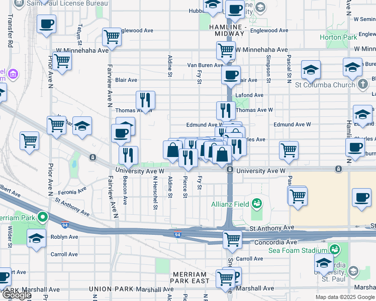 map of restaurants, bars, coffee shops, grocery stores, and more near 1670 Sherburne Avenue in Saint Paul