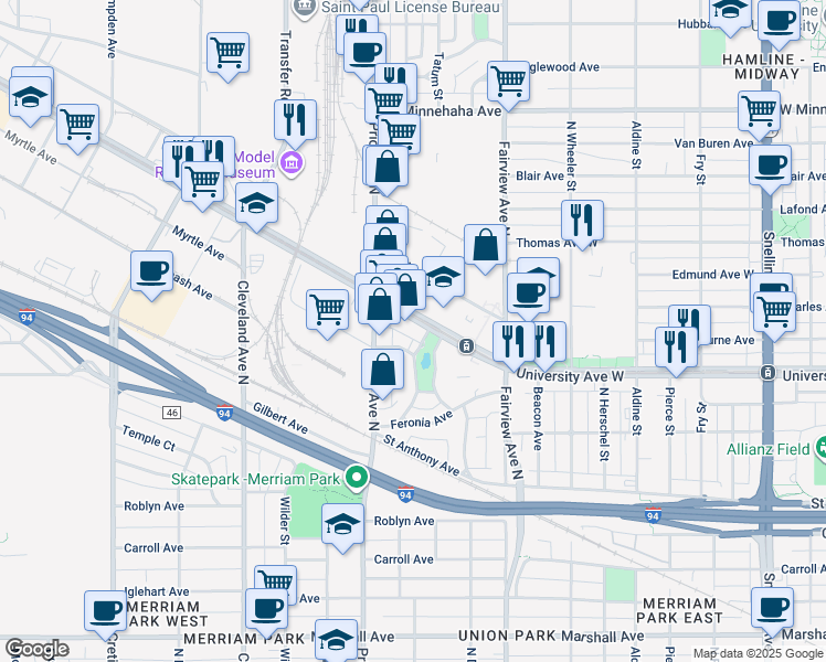 map of restaurants, bars, coffee shops, grocery stores, and more near 21 Oakley Avenue in Saint Paul
