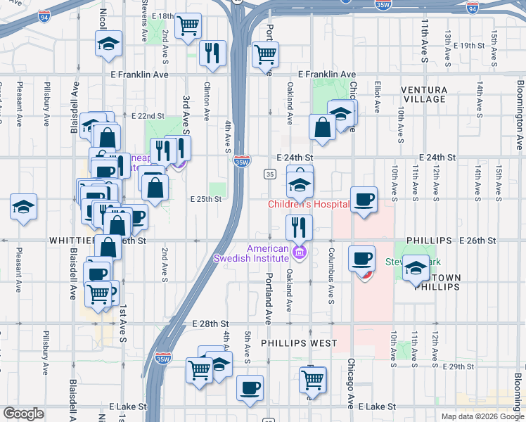 map of restaurants, bars, coffee shops, grocery stores, and more near 2517 South 5th Avenue in Minneapolis