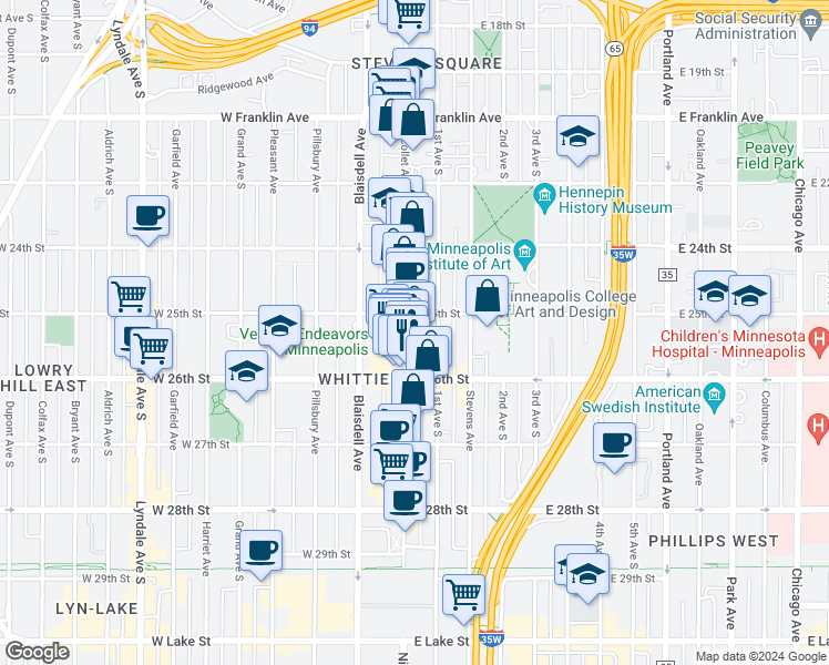 map of restaurants, bars, coffee shops, grocery stores, and more near 2521 Nicollet Avenue in Minneapolis