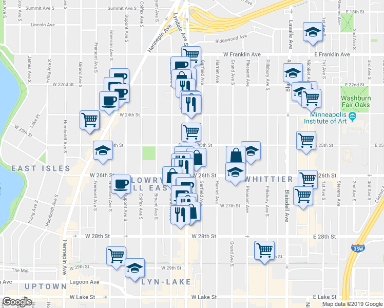 map of restaurants, bars, coffee shops, grocery stores, and more near 2523 Lyndale Avenue South in Minneapolis