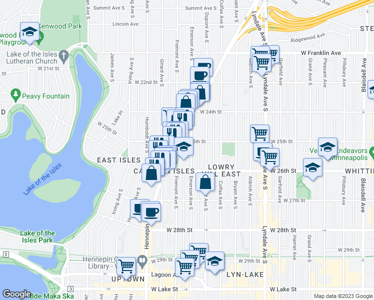 map of restaurants, bars, coffee shops, grocery stores, and more near 2519 Hennepin Avenue South in Minneapolis