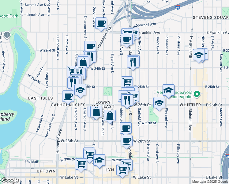 map of restaurants, bars, coffee shops, grocery stores, and more near 2517 Bryant Avenue South in Minneapolis