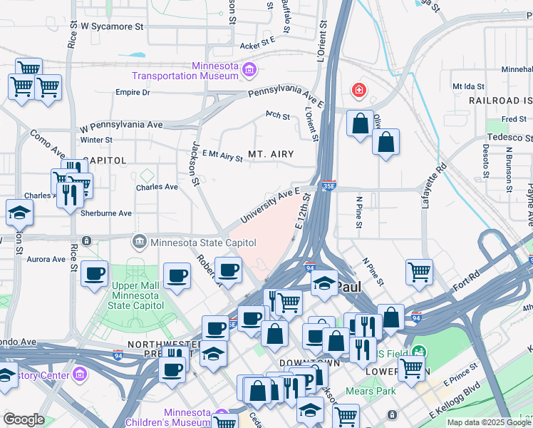 map of restaurants, bars, coffee shops, grocery stores, and more near 20 University Avenue East in Saint Paul
