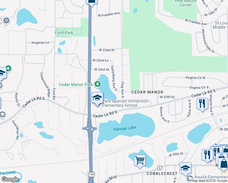 map of restaurants, bars, coffee shops, grocery stores, and more near 2454 Gettysburg Avenue South in Minneapolis