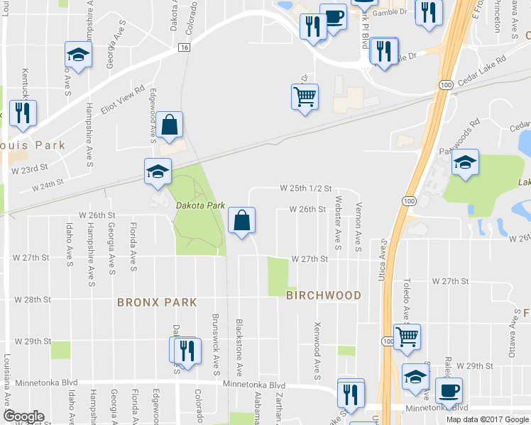 map of restaurants, bars, coffee shops, grocery stores, and more near 5916 West 26th Street in Minneapolis