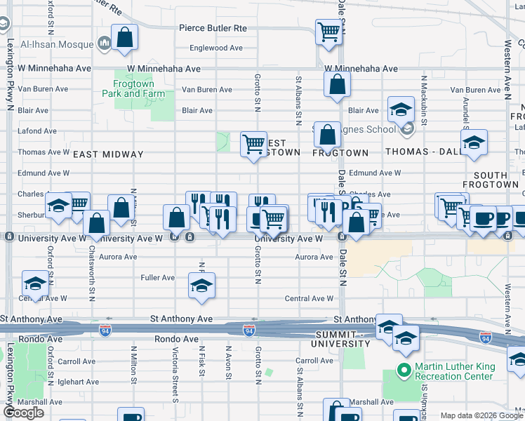 map of restaurants, bars, coffee shops, grocery stores, and more near 718 Sherburne Avenue in Saint Paul
