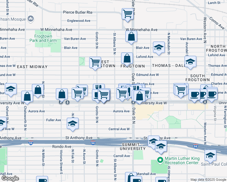 map of restaurants, bars, coffee shops, grocery stores, and more near 683 Sherburne Avenue in Saint Paul