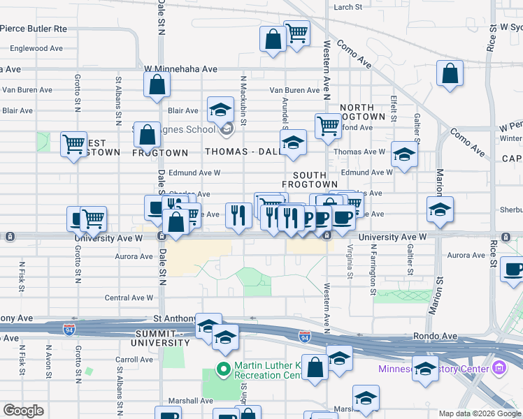 map of restaurants, bars, coffee shops, grocery stores, and more near 468 Sherburne Avenue in Saint Paul