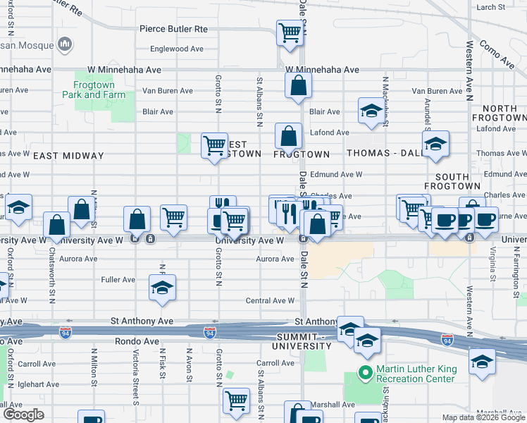map of restaurants, bars, coffee shops, grocery stores, and more near 507 Saint Albans Street North in Saint Paul