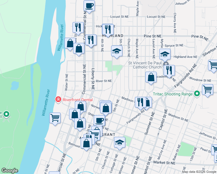 map of restaurants, bars, coffee shops, grocery stores, and more near 1840 Broadway Street Northeast in Salem