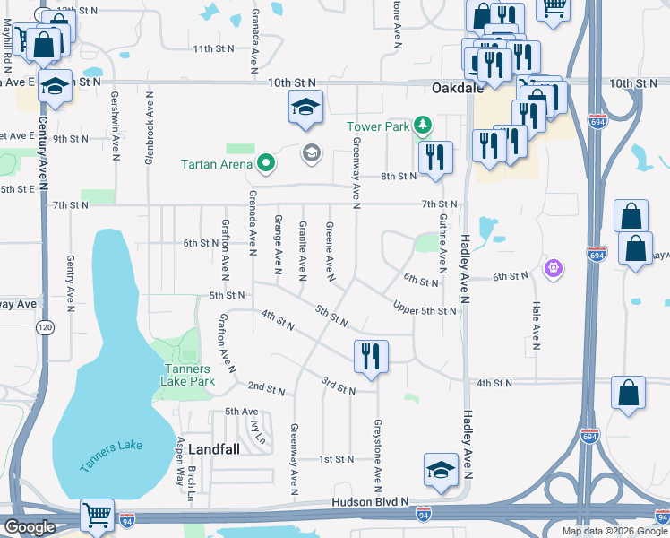 map of restaurants, bars, coffee shops, grocery stores, and more near 540 Greene Avenue North in Oakdale