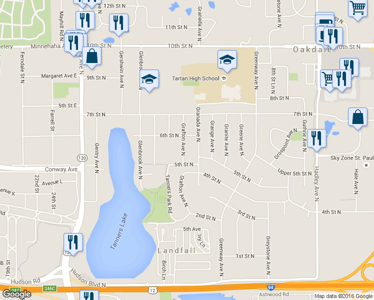 map of restaurants, bars, coffee shops, grocery stores, and more near 513 Grafton Avenue North in Oakdale