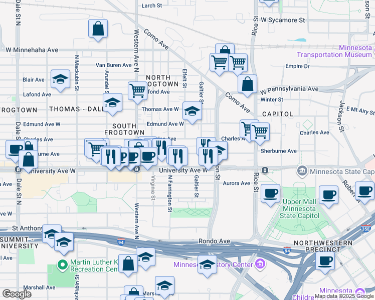 map of restaurants, bars, coffee shops, grocery stores, and more near 294 Sherburne Avenue in Saint Paul