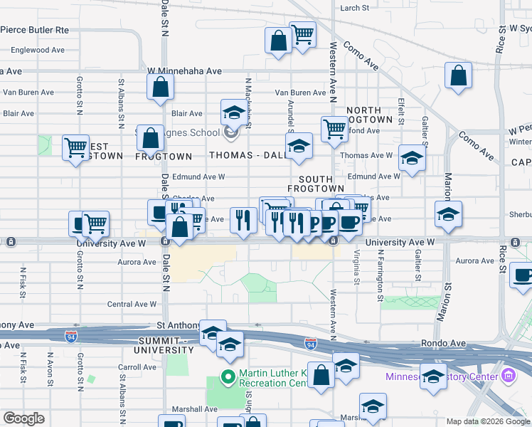 map of restaurants, bars, coffee shops, grocery stores, and more near 468 Sherburne Avenue in Saint Paul