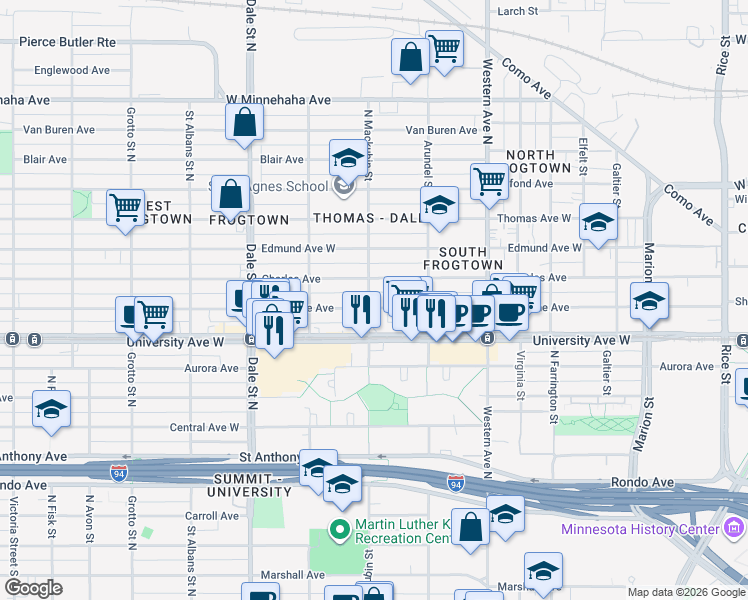 map of restaurants, bars, coffee shops, grocery stores, and more near 500 Sherburne Avenue in Saint Paul