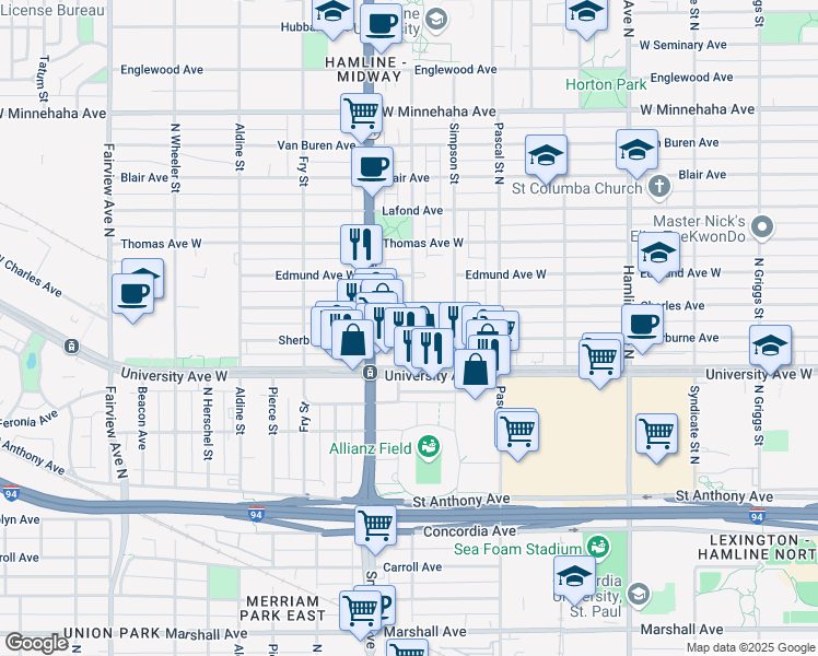 map of restaurants, bars, coffee shops, grocery stores, and more near 1524 Sherburne Avenue in Saint Paul