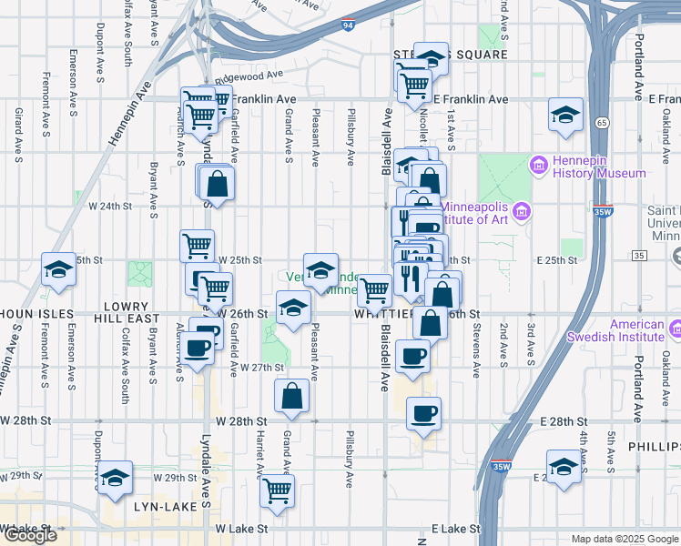 map of restaurants, bars, coffee shops, grocery stores, and more near 2520 Pillsbury Avenue in Minneapolis