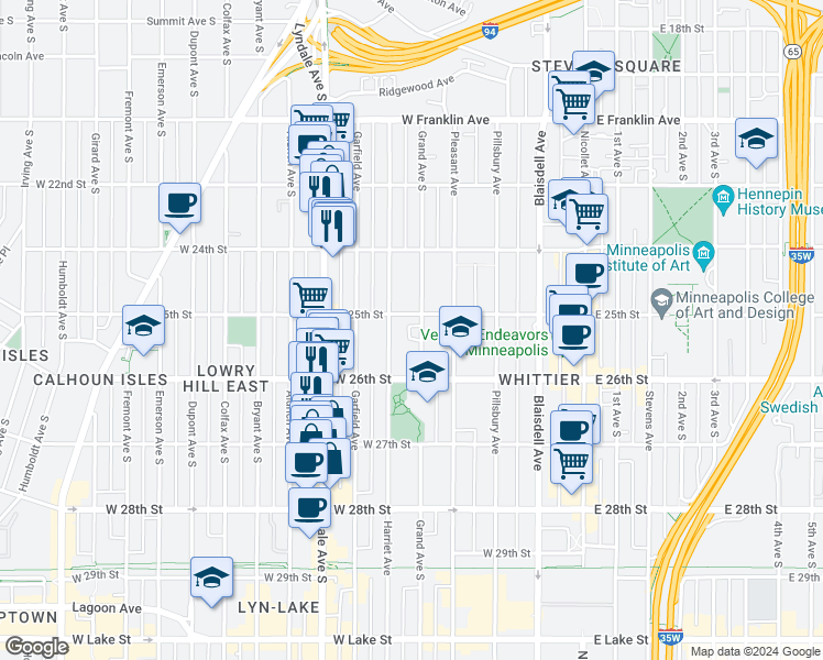 map of restaurants, bars, coffee shops, grocery stores, and more near 2520 Grand Avenue South in Minneapolis