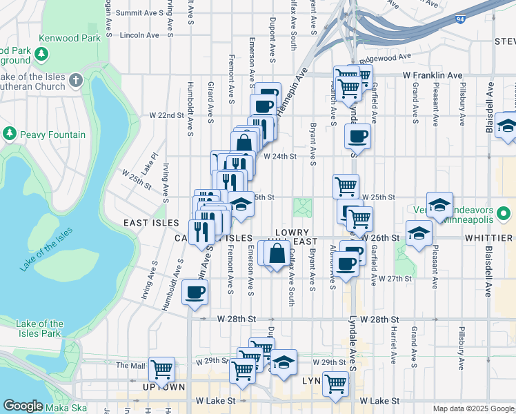 map of restaurants, bars, coffee shops, grocery stores, and more near 2525 Emerson Avenue South in Minneapolis
