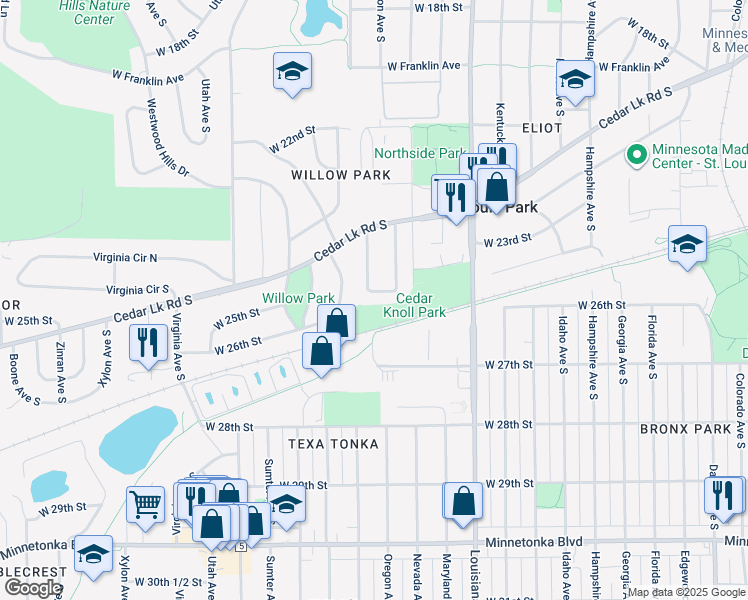 map of restaurants, bars, coffee shops, grocery stores, and more near 2601 Pennsylvania Avenue South in St. Louis Park