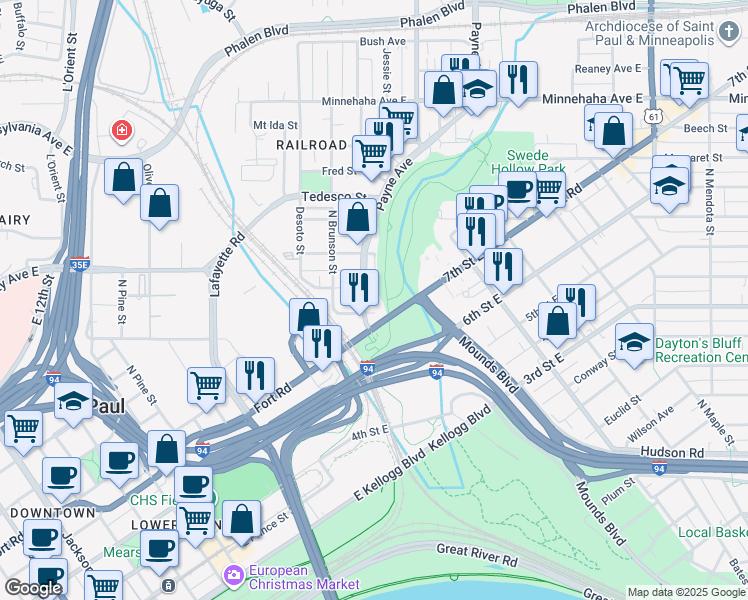 map of restaurants, bars, coffee shops, grocery stores, and more near 520 Payne Avenue in Saint Paul