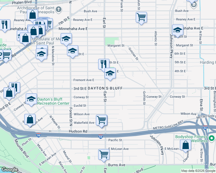map of restaurants, bars, coffee shops, grocery stores, and more near 1075 3rd Street East in Saint Paul