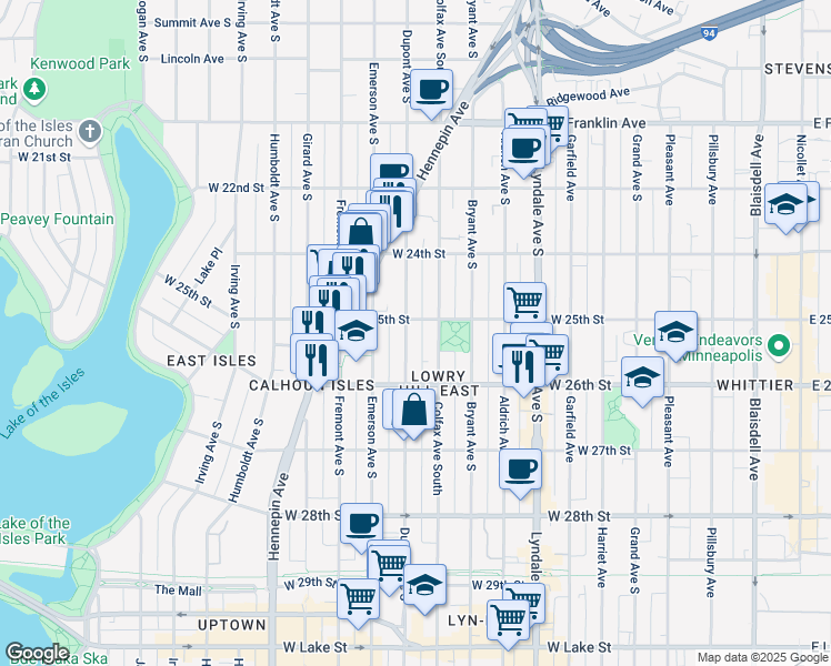 map of restaurants, bars, coffee shops, grocery stores, and more near 2524 Colfax Avenue South in Minneapolis