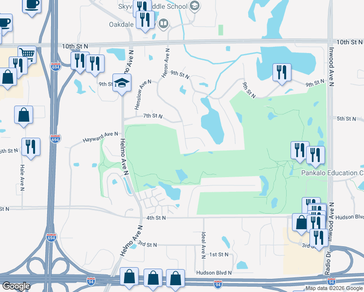 map of restaurants, bars, coffee shops, grocery stores, and more near 620 Heron Avenue North in Oakdale